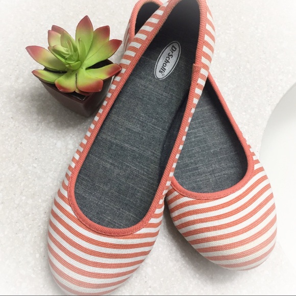 Dr. Scholl's Shoes - Coral & Off White Stripe Fabric Memory Foam Flats